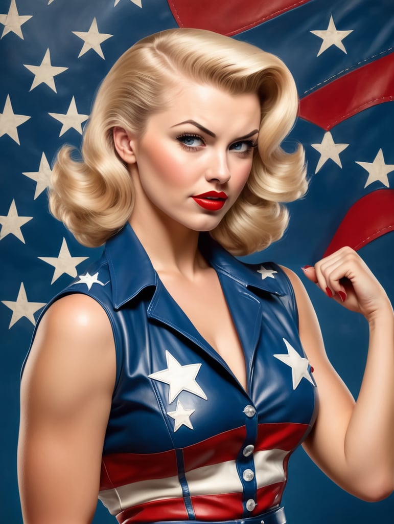 Modernized 1940's pinup girl, blonde hair, red white and blue sleeveless leather shirt with stars, flexing arm powerfully, mad expression on face