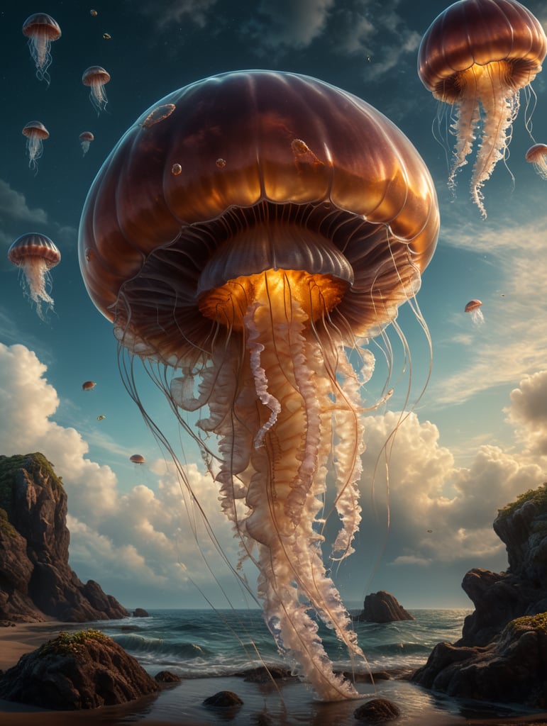 A hyper-realistic and highly detailed picture of a jelly fish in the sky, tiny fish on land, against a dreamy background.