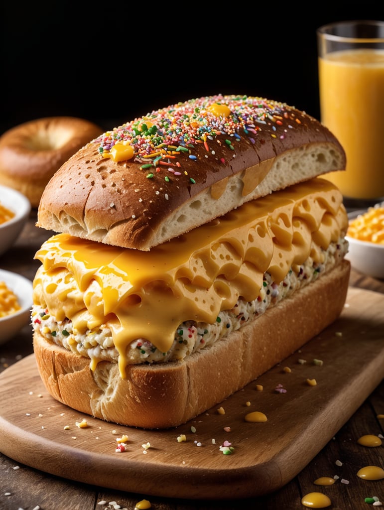 roti long john dengan toping meses dan keju yang melayang jatuh ke roti, shot dengan camera sony a7 mark iii, lensa leica f1.8 77mm, super resolusi