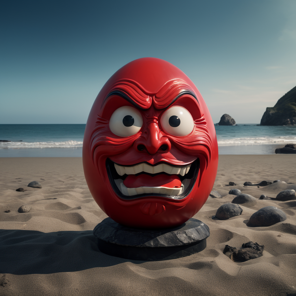 Japanese happy red daruma figure as an egg. Situated on a beach close to the sea. only one eye is painted