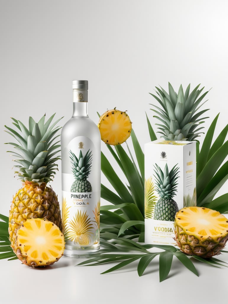 Packaging and branding for a pineapple vodka brand as if it had been designed by HI ESTUDIO with In a set design with pineapple, pineapple leaves, mockup