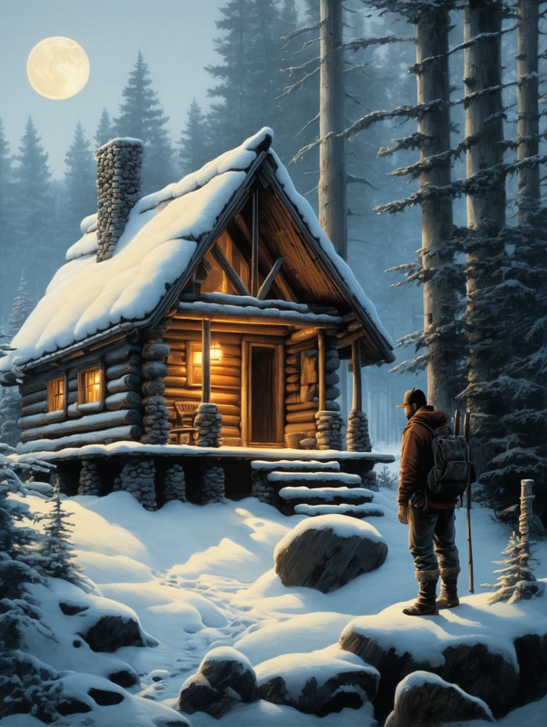 Make a small log cabin in the dark Woods whet a lonely man lives