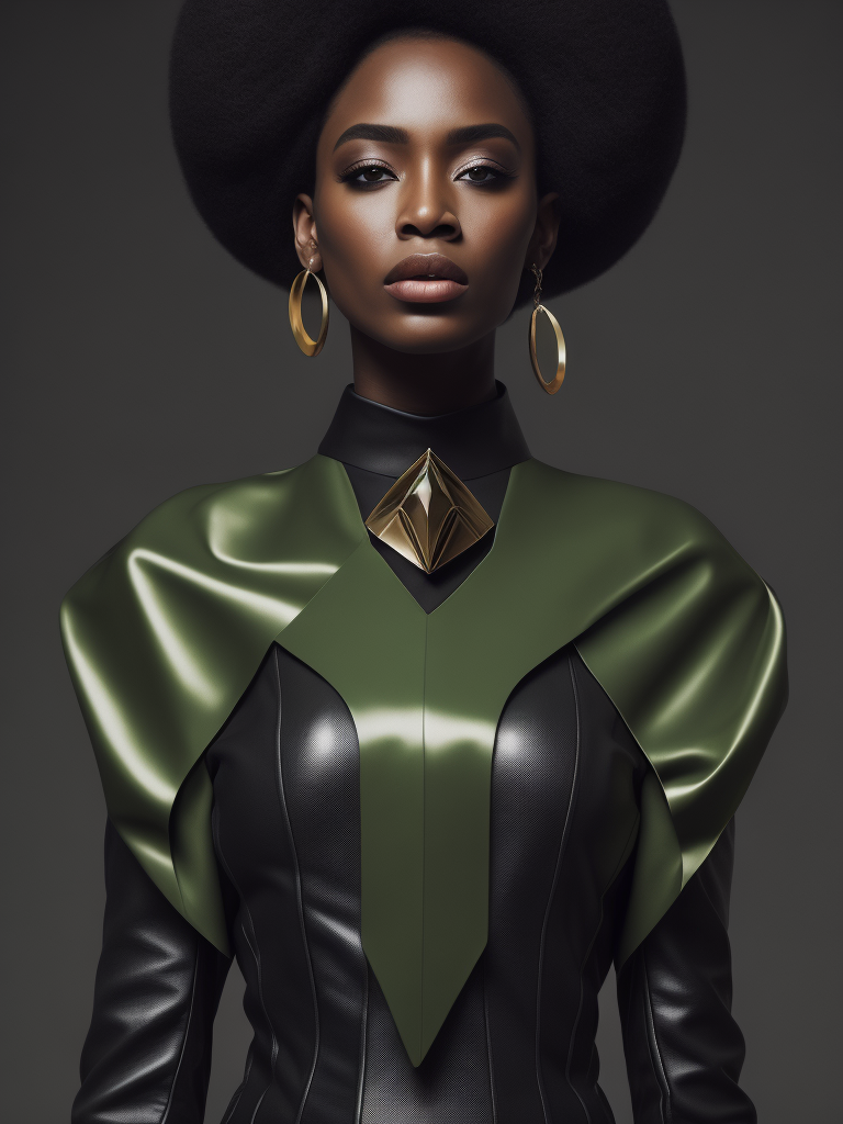 Serious black female model, looking diagonally, dressed in extravagant and vanguardist clothing, plastic and latex materials, abstract shapes, asymmetric techno ornaments, predominant green, 4k, medium shot, cinematic photography, Iris van Herpen style.