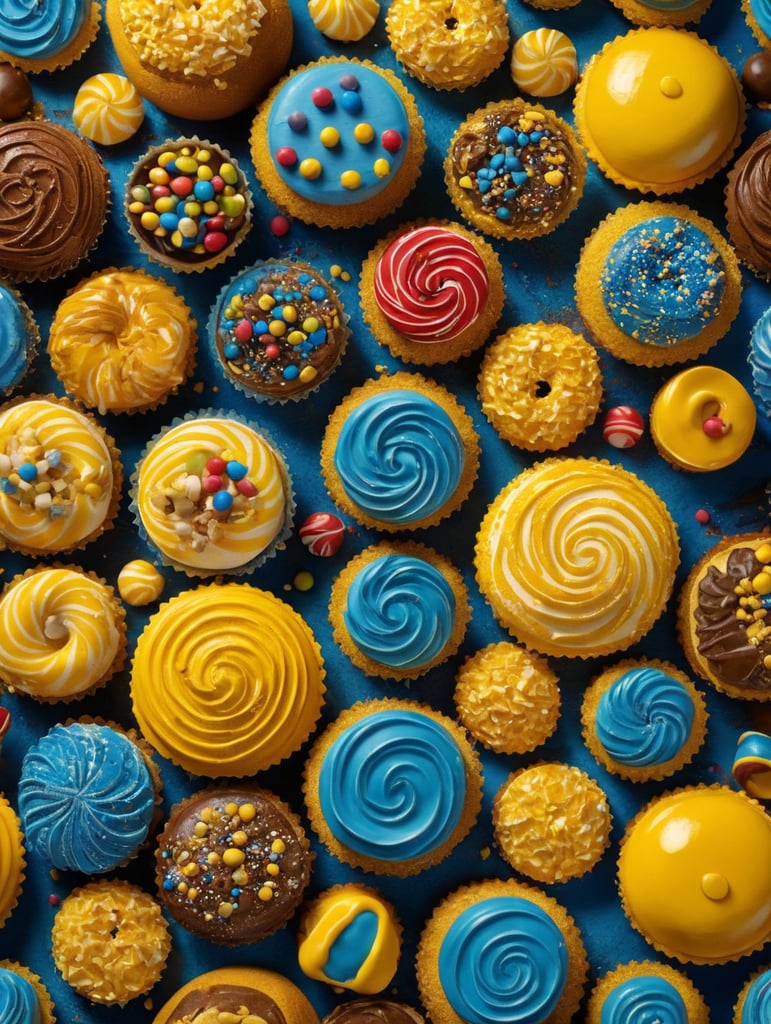 Generate abstract shapes inspired by piping tips, candy textures, and confectionery elements for the construction of a bakery's brand. Incorporate the vibrant palette of strong yellow and mid-tone blue. Avoid direct replication of existing words or elements in this prompt.