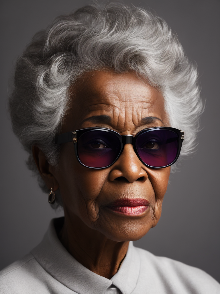 Elderly woman, black skin, short gray hair, bright sunglasses, aging gracefully, wise, dignified, beauty of age, respect for elders, bright saturated colors, contrasting light, studio photo, professional photo, detailed image, detailed face