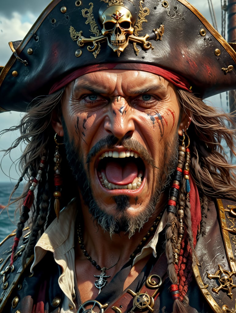 A sensually beautiful pirate captain tears terrified