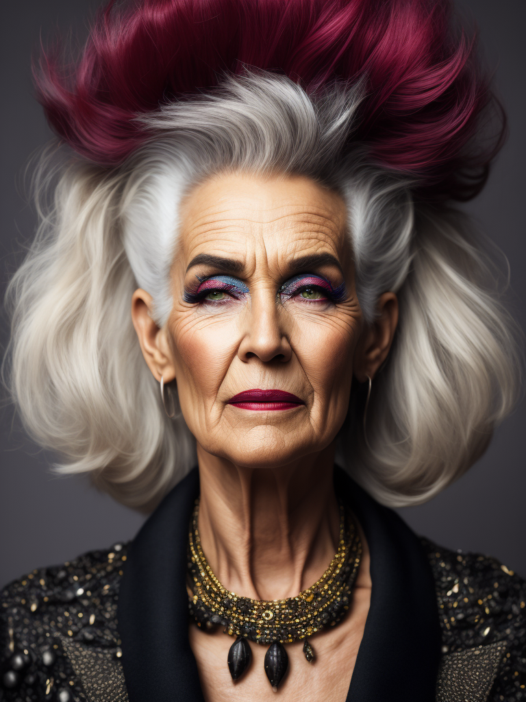 A 70yr old supermodel with bright dramatic make-up and wild hair, beautiful pores and skin texture, detailed high resolution image, grey hair, Dior makeup, award winning fashion editorial image