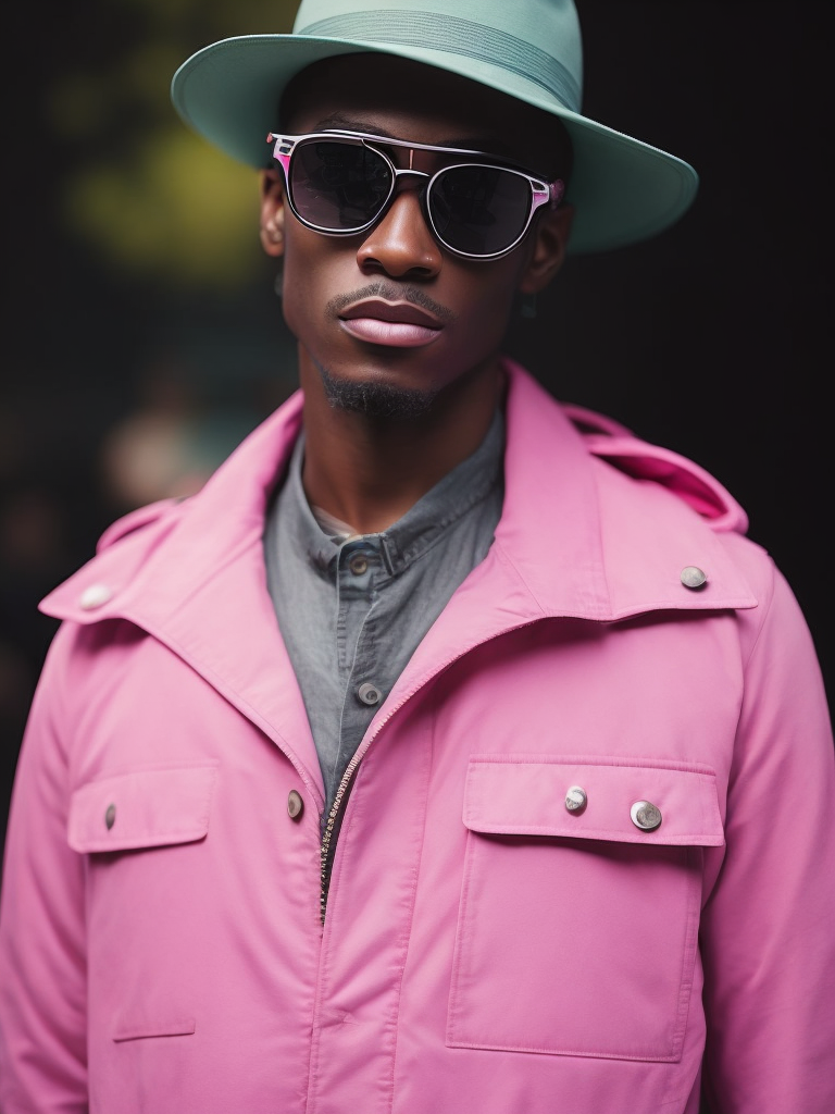 Black male fashion model, Wearing a pink jacket and a green panama hat, large black sunglasses, Black background, Bright and rich colors, bright saturated color, sharp focus,