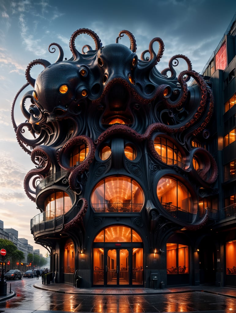 the craziest, bentwood, far view lens architectural modern style hyper realistic hyper detailed neocosmic exterior architecture design of a octopus Fluid complex facade, geometric shapes spectrum, black::1 red:3, Antoine Blanchard architecture art style, in new York city, dramatic ambient, natural lighting