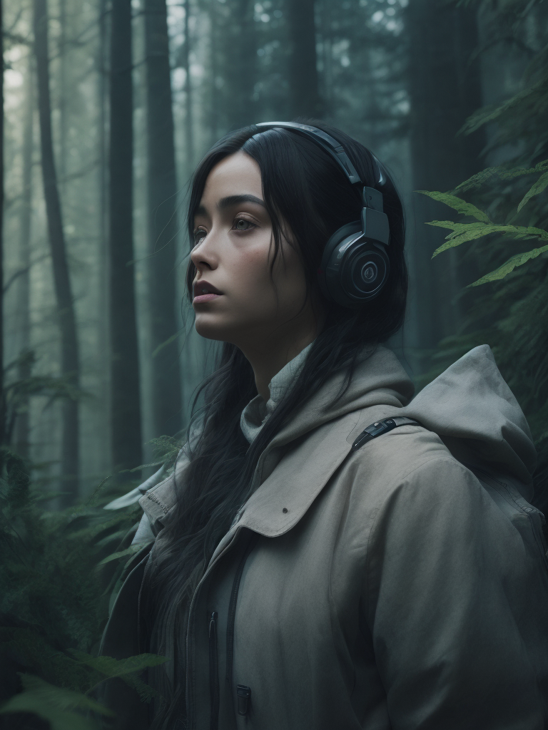 Beautiful girl listening to relaxing music with her headphones that takes her to a surreal forest, art by ilya kuvshinov and wlop, intricate, sharp focus, trending on artstation