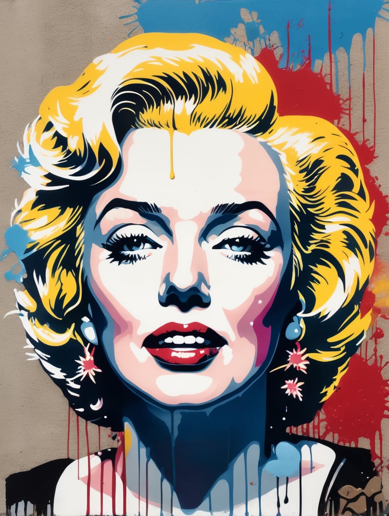 a portrait of marilyn monroe in a street-art graffiti stencil style, colorful and color-balanced with splashes and drips of paint