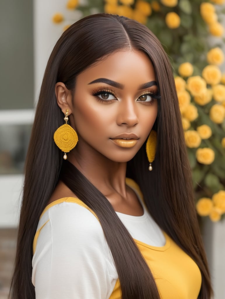 Pretty brown skin girl brown eyes long black front wig long lashes earrings bent over back with yellow on