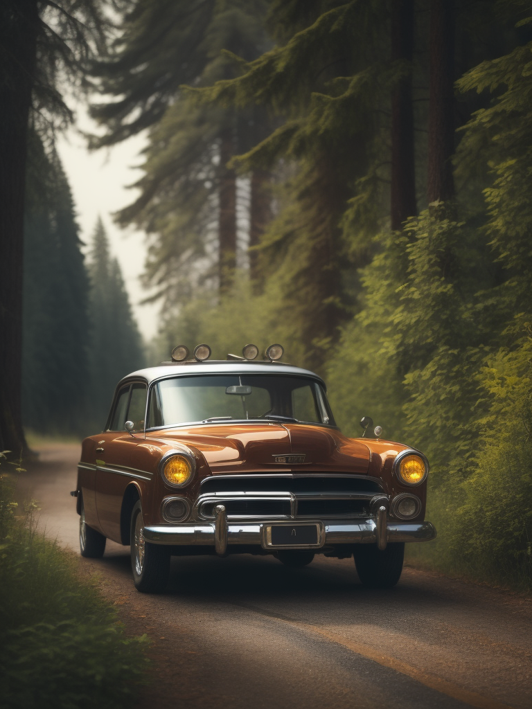 Ретро-автомобиль в три четверти на берегу реки, за которой сосновый лес