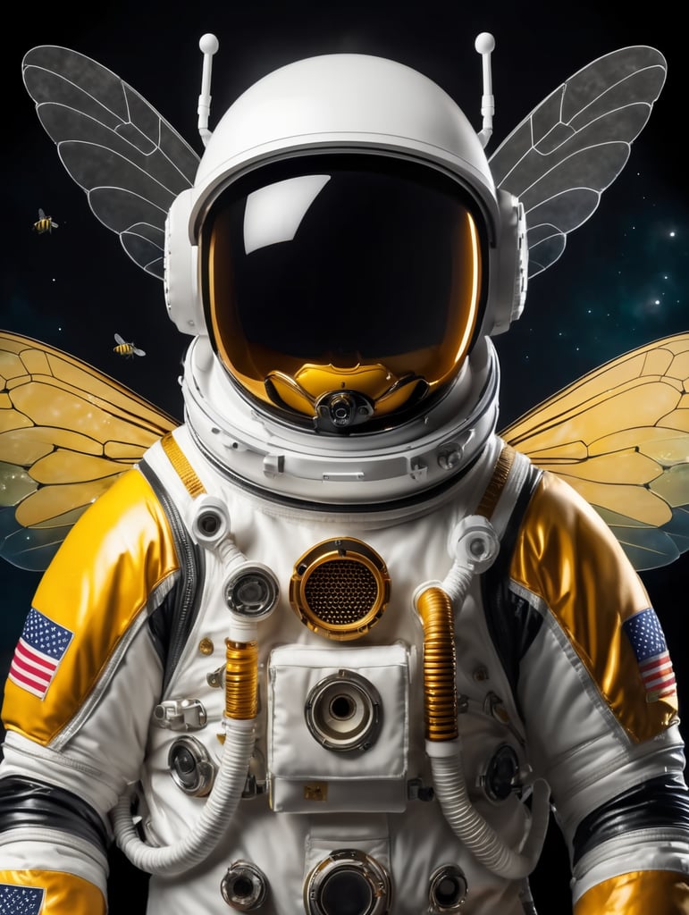 astronaut wearing space suit in form of a bee Make the helmet look like a honey bees head.