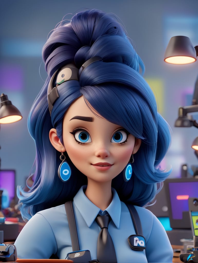 YOUNG WOMAN ENTREPRENEUR TECHNOLOGY E-COMMERCE OFFICE HIPSTER NEON PIXAR EXTREME DETAILED REALISTIC, BLUE SKIN