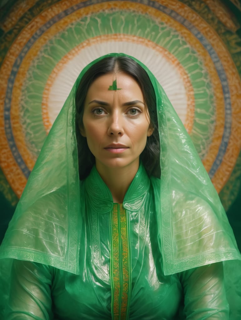 Portrait of a woman experiencing spiritual experience, wrapped green film, Wes Anderson style