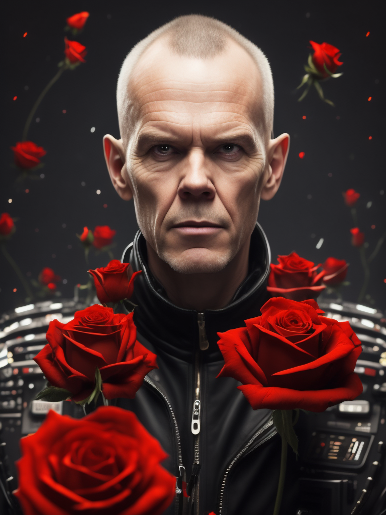 vince clarke con rosas rojas y botones de sintetizadores