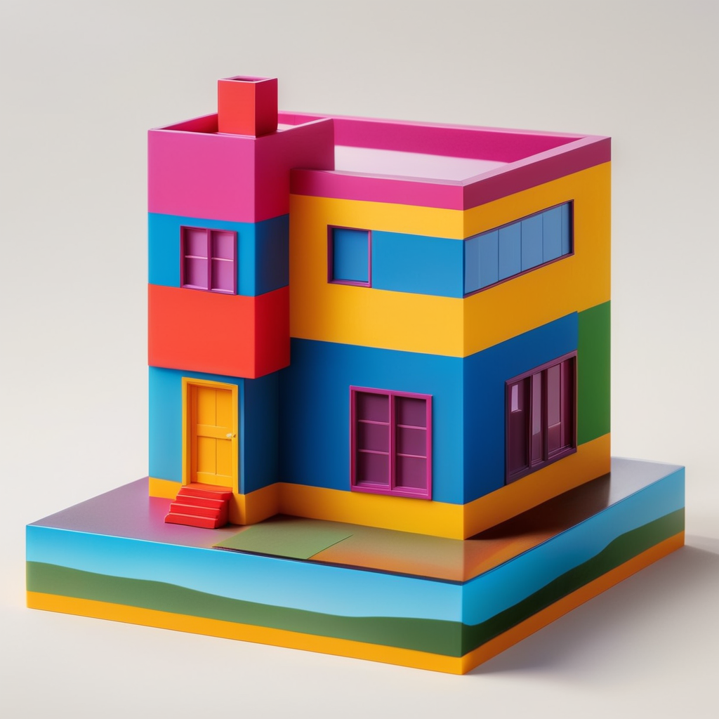 Vinil toy para Niño de 5 años xd una casa inspirada en la arquitectura de Luis Barragán y las pinturas de Escher con colores vibrantes colocado como si fuera una obra de arte contemporáneo. Encapsulado en resina.