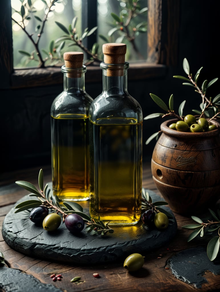 Quiero hacer una botella de aceite de oliva de 500 ml con una bebida de color aceite en su interior, llena hasta arriba con un tapón de madera. Sobre una mesa de madera deben colocarse una botella y unas ramas de olivo. Queremos que la marca sea fiel al antiguo estilo andaluz.