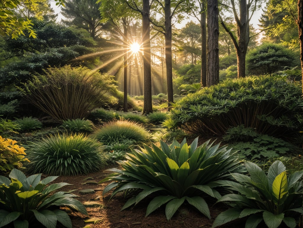 A photorealistic snapshot of a serene woodland scene from my backyard. Highlighting the vibrant flora and fauna, with the golden hues of the setting sun casting a warm and enchanting glow.