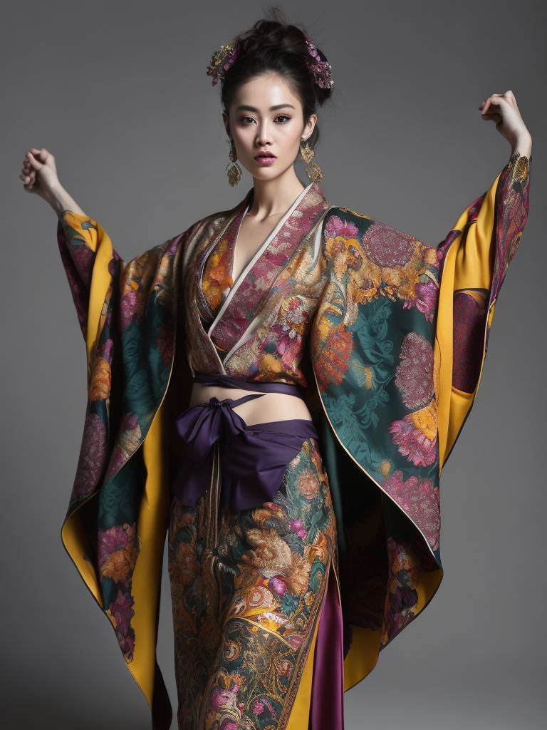 full body pose of a woman in a colorful, intricate, floral kimono, jewel tones, vibrant colors, action pose, details on sleeves and skirt, glamour pose, hyper-realist style :: hyper detailed, 8k, exquisite detail