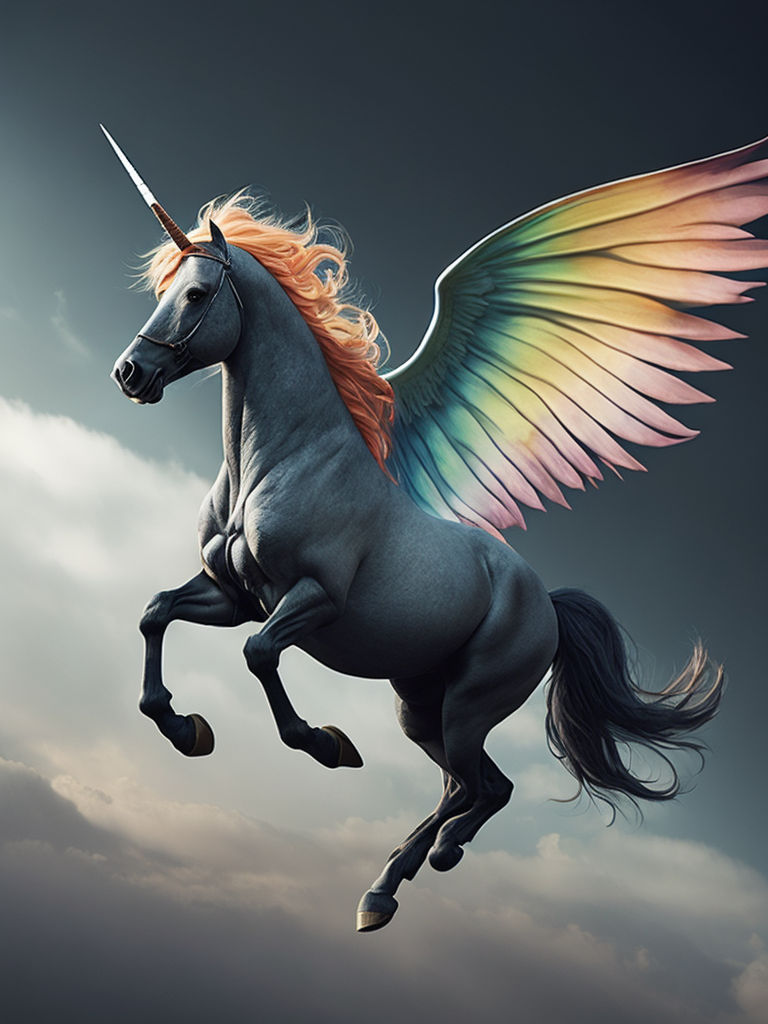 Rainbow colored Unicorn with wings flying through sky