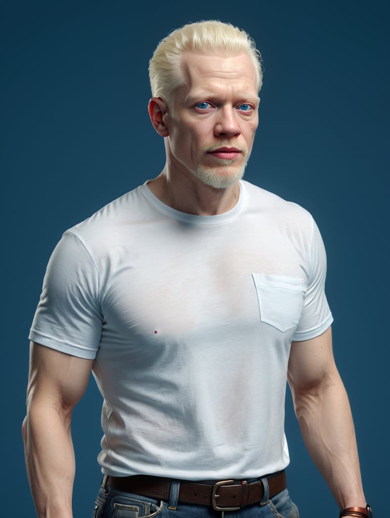 A middle-aged albino man wearing a white T-shirt, isolated, blue background, mockup, mock up