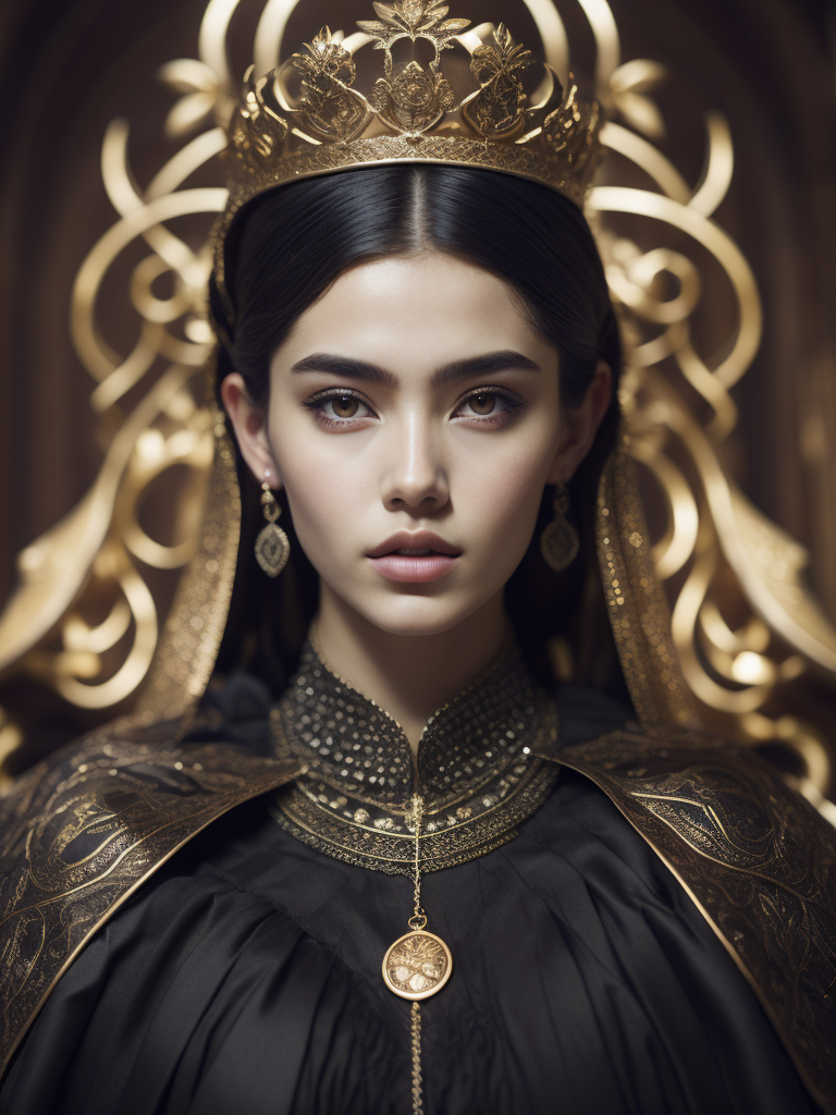 hyper-realistic, ultra-detailed photograph of rose blackpink with arabic fashion black cloak and gold crown in the Renaissance ottoman throne kingdom, photo realistic, golden jewelry, shiny, sunlight fractal details, depth of field, HOF, hall of fame, detailed gorgeous face, apocalyptic environment, natural body posture, professional photographer, captured with professional DSLR camera, trending on Artstation, 64k, ultra-detailed, ultra-accurate detailed, bokeh lighting, surrealism