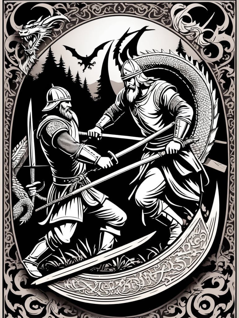 Peasant and dragon combat, wood cutting style, vector graphics, viking era, bevel with rune
