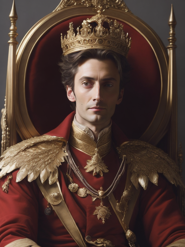 Oil portrait of miles edgeworth, intricate, elegant, highly detailed, lighting, painting, artstation, smooth, illustration, art by greg rutowski and alphonse mucha, david tennant king, david tennant with a crown sits on a throne, france, 1952 year