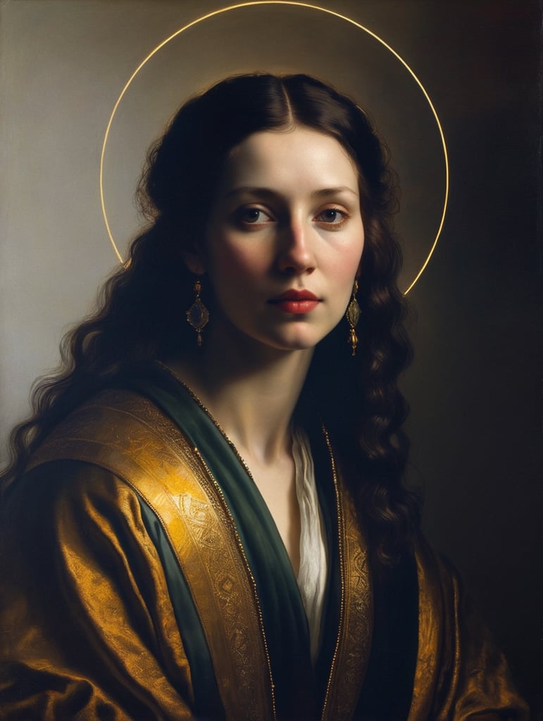 A masterpiece portrait by Rembrandt Van Rijn of a beautiful saint woman with an aureola
