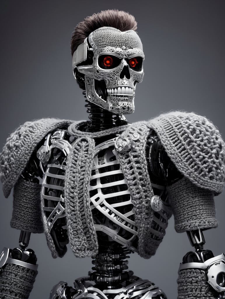 a metal skeleton of a terminator t-800 wearing very hirsute crocheted sweaters for sheeple, portrait