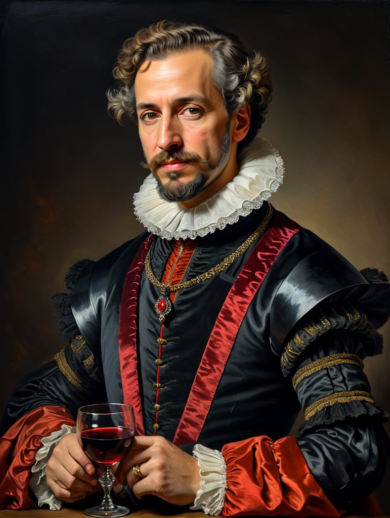 Portrait of Miguel de Cervantes in the studio, with a feather in one hand and a glass of wine in the other, drunk face, red noise and messy hair, very big starched ruff neck, dressed in black, Baroque style costume, vivid saturated colors, highly detailed, contrast colors, style of Velazquez, Painting, Oil, Portrait, Baroque, Spain, 17th Century,