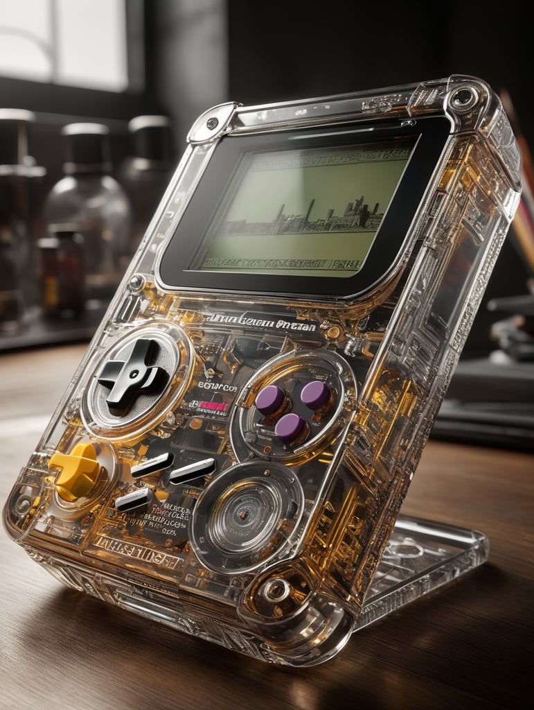 A see through polycarbonate game boy designed by dieter rams. industrial design inspiration. unreal engine render, natural lighting, on desk, beautiful shot