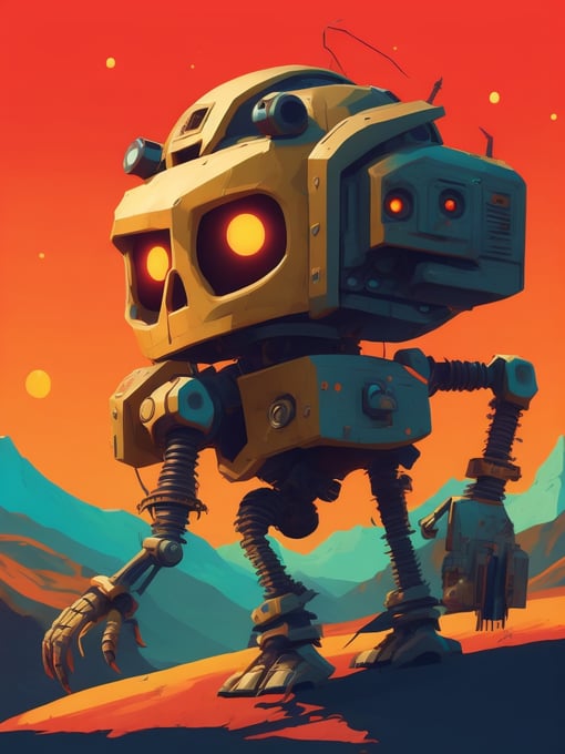 60s cartoon style photo of a huge savage skelton emopunk robot in far off galaxy, style of hannah barbara, studio ghibli, akira toriyama, james gilleard, warner brothers, trending pixiv fanbox, acrylic palette knife, vibrant colors, devinart, trending on artstation, low details, smooth