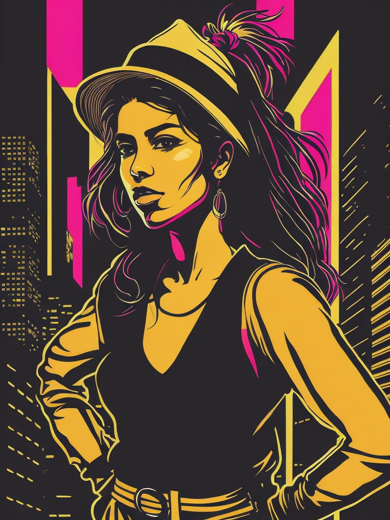 Poster style illustration of a Latina brunette teenage girl in defiant pose with urban art in the background, Mexico City. Street art style, poster, Banksy style. neon colors, rim light