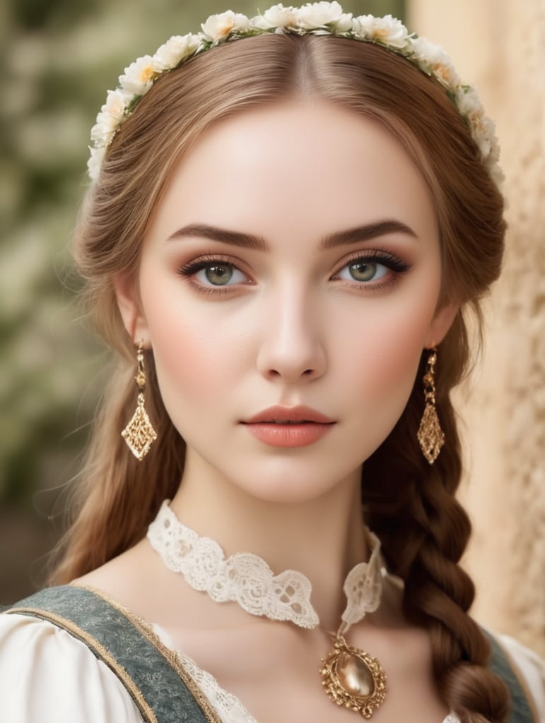 Create a softened depiction of a girl resembling Leah McNamara, dressed in a medieval maid's outfit with neatly tied hair. Apply a moderate amount of makeup, featuring subtle orange tones on the cheeks, natural-looking eyebrows, and a gentle downward gaze. Keep the overall makeup light, with a touch of foundation for a soft and natural appearance. The lips can be painted in a gentle, neutral tone, while the eyes receive a light touch of eyeshadow and eyeliner for a more subdued effect. Strive for a sweet and approachable look, maintaining the essence of a medieval maid-inspired appearance with a milder and more charming touch.