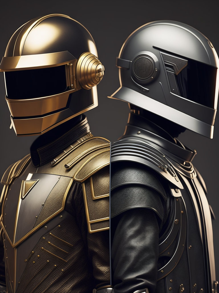 Une image des Daft punk avec une armure qui mélange leur casque et une armure médiévale