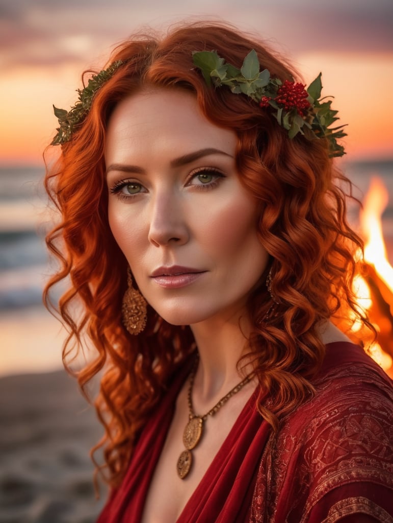 mother Wiccan goddess wearing red boho fashion, Curly Red hair at a large beach bonfire at night, looks like actress Brigid Brannagh