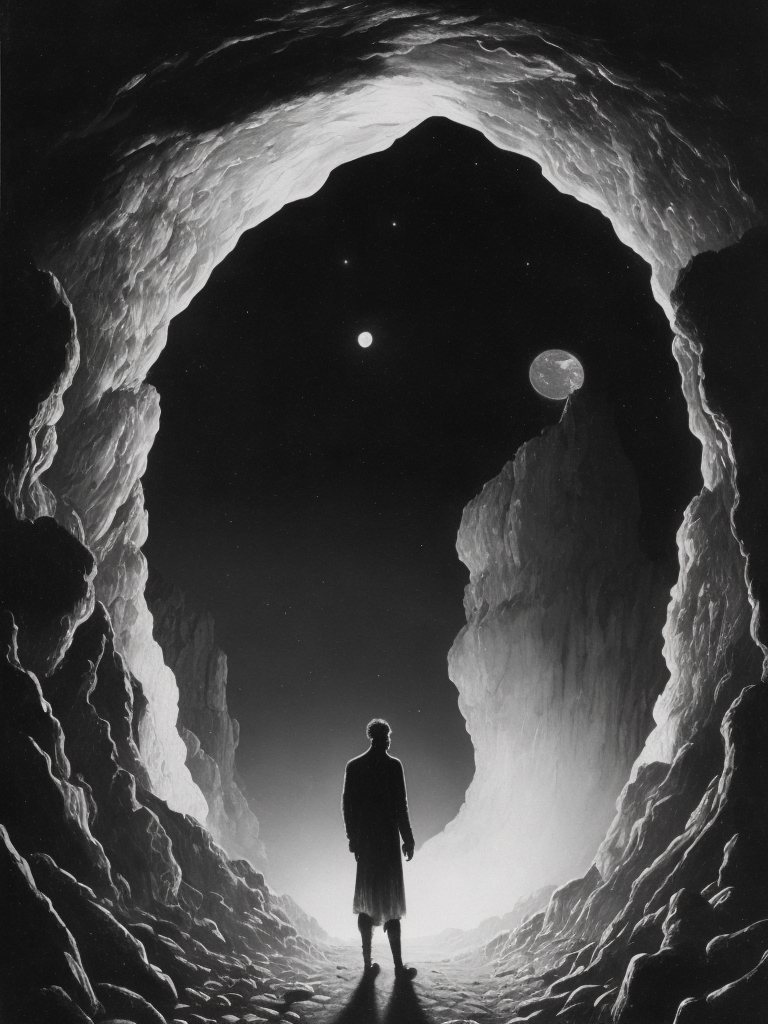 black and white illustration of a man standing in a cave looking at the moon by Gustave Dor