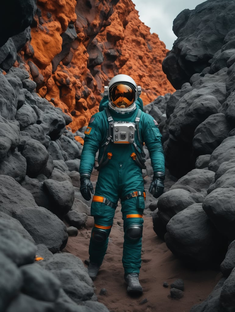 An astronaut among the volcanic rocks, cold weather, dark teal and amber, Sony A7 IV