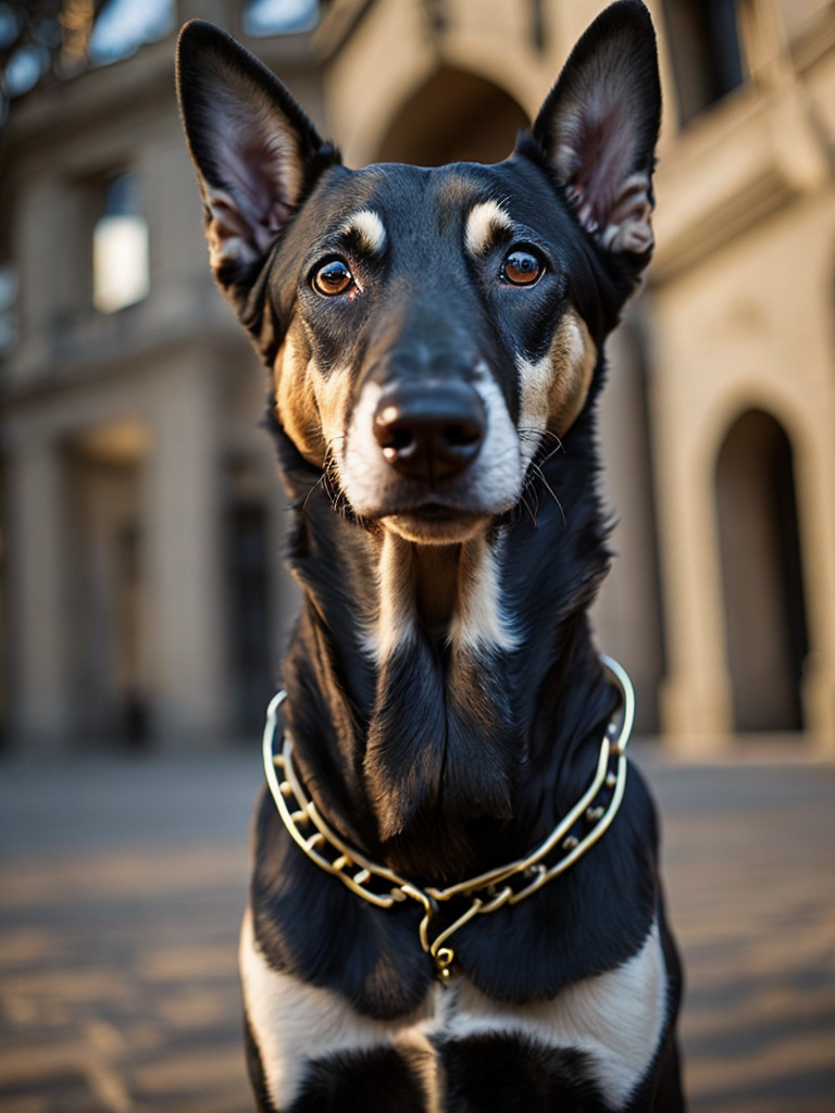 Podengo dog, golden chain, aggresive look, in front of a castle, dramatic Lighting, Depth of field, Incredibly high detailed, deep colors, professional photo