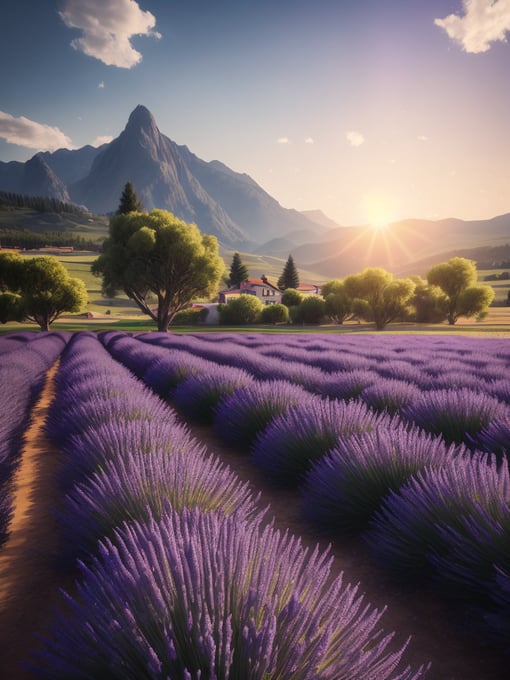 Lavender field, mountains on the horizon, bright colors, sunny weather, the sun is shining, high quality details