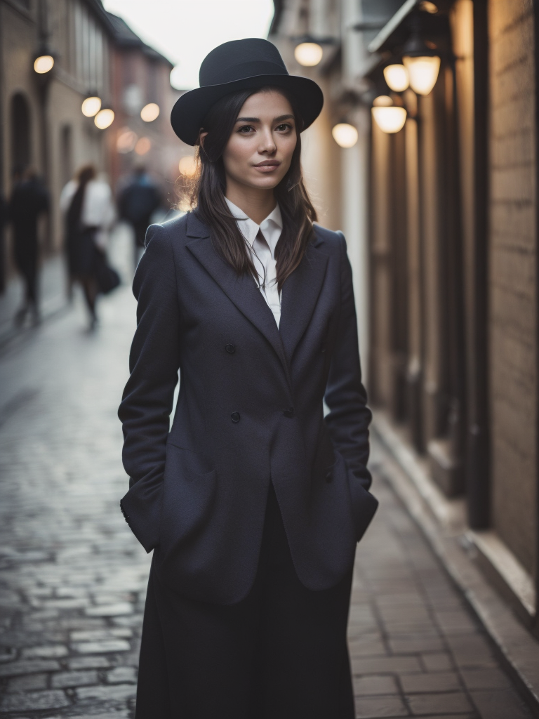 realistic, photorealistic, masterpiece, absurdres, incredibly absurdres, extremely detailed, best quality, mcostume, hat, kneehighs, full body, 1girl, solo, black hair, light smile, looking at viewer, detailed background, standing, classical european town, night, dramatic lighting,