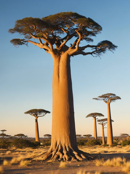 Baobab tree, savanna, sunset, high detail