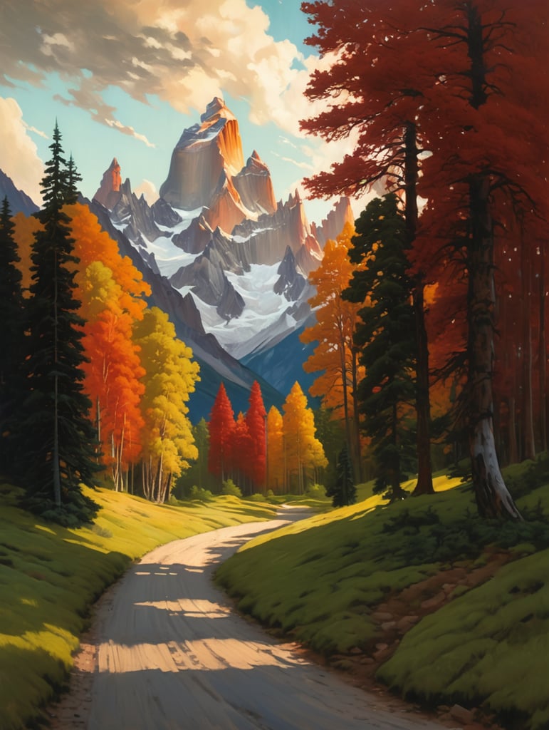 Painting by sargent and rhads and leyendecker and greg hildebrandt evening sky, low thunder clouds foothpath with trees at indian summer with zugspitze fitz roy in background, colours green, red, blue black and white