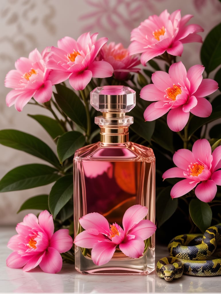 Floral background with neon colored flowers, minimalistic perfume bottle and pink snake next to the bottle
