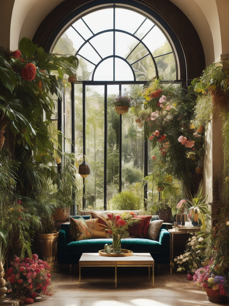 Architectural digest photo of a maximalist bathroom living room with lots of flowers and plants, golden light, award winning masterpiece with incredible details big windows, highly detailed, harper's bazaar art, fashion magazine, sharp focus