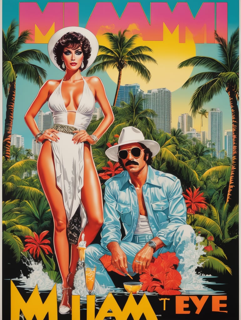 Miami 1984 cocaine eye-catching poster-style drawing and illustration representing the iconic pulp style.