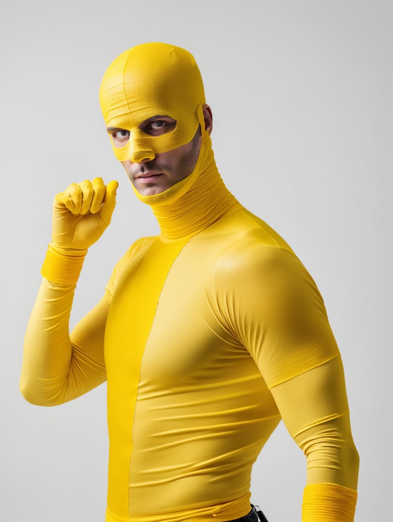 A photograph of man covered in yellow bandages with realistic style, halloween costume, yellow background, full body, show hands, show neck and head